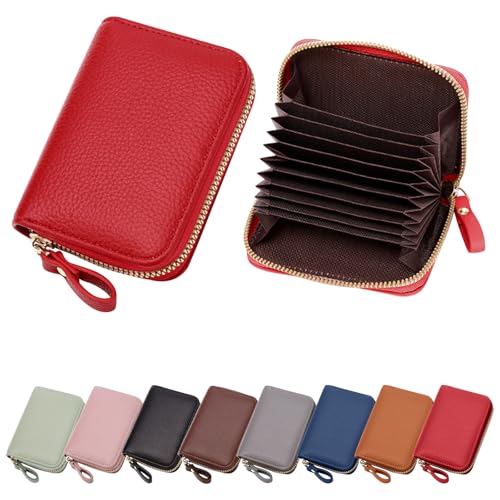 Mayoii RFID-Kartenetui für Damen, echtes Leder, Kreditkartenetui, RFID-blockierende Geldbörse, kompakte Akkordeon-Reißverschluss-Geldbörse mit 11 Fächern, rot, 7.5*11*2.4 cm, Modern von Mayoii