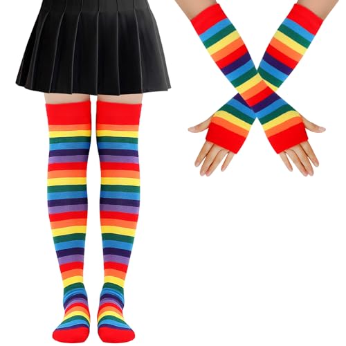 Mayoii Regenbogengestreiften Kniestrümpfe Damen und Fingerlosen Handschuhen Set, LGBT Elastisch Overknee Socken für Damen und Mädchen (Polyester, Regenbogenrot) von Mayoii