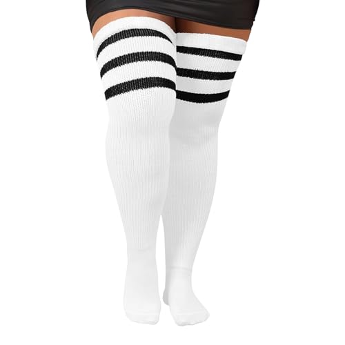 Übergröße Overknees Strümpfe Damen, Gestreifte Kniestrümpfe Thigh High Socks für Frauen, Extra Lange Hohe Socken für Dicke Oberschenkel, Beinwärmer, Schwarz von Mayoii