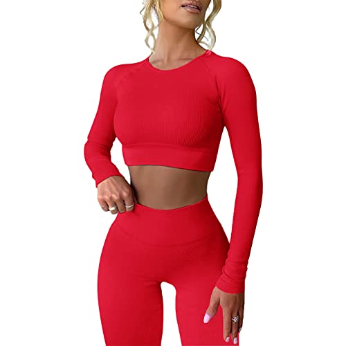 MAYROUND 2 Stücke Damen Sportanzüge Jogginganzug Sport Sets Geripptes Langarm Crop Top mit hohe Taille Yoga Leggings Sets von MAYROUND