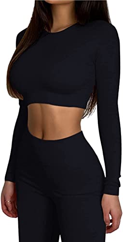 Mayround 2 Stücke Damen Sportanzüge Jogginganzug Sport Sets Geripptes Langarm Crop Top mit hohe Taille Yoga Leggings Sets von Mayround