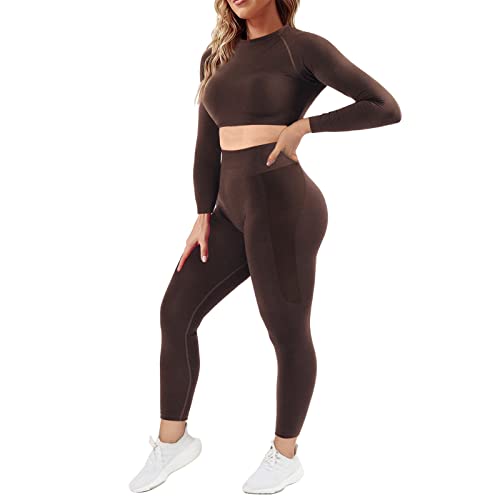 Mayround Damen 2-Stücke Fitness Outfit Sets Nahtloses Trainingsset Langarm-Top und hohe Taille Knirschen Leggings Yoga-Sets von Mayround