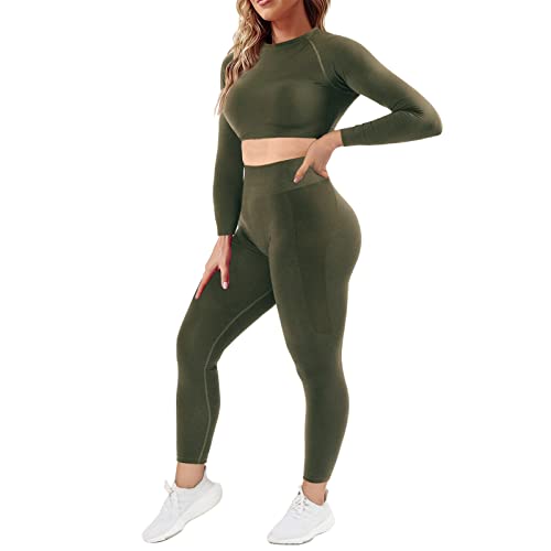 Mayround Damen 2-Stücke Fitness Outfit Sets Nahtloses Trainingsset Langarm-Top und hohe Taille Knirschen Leggings Yoga-Sets von Mayround