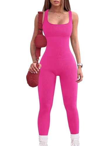 Mayround Damen Jumpsuit Eng Einteiler Stück Bodycon Ärmellos Gepolstert Rückenfrei Einteiler Ganzkörperanzug Sport Yoga Bodysuit Overall Romper Spielanzug Trainingsanzug(Heißes Rosa,L) von Mayround