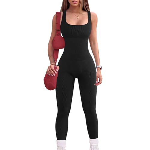 Mayround Damen Jumpsuit Eng Einteiler Stück Bodycon Ärmellos Gepolstert Rückenfrei Einteiler Ganzkörperanzug Sport Yoga Bodysuit Overall Romper Spielanzug Trainingsanzug(Schwarz,L) von Mayround