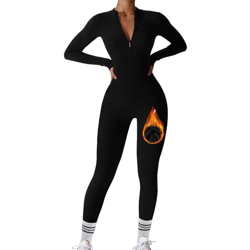 Mayround Damen Sport Jumpsuit Lang Eng Yoga Overall Langarm Sport Jumpsuit mit Reißverschluss Bodycon Strampler Sportanzug Jogginganzug Slim Fit Yoga Fitness von Mayround