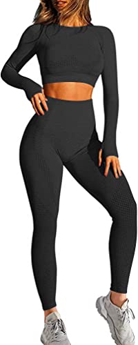 Mayround Damen Sportanzüge Jogginganzug Sport Sets 2 Teiliges Langärmliges Crop-Top und Leggings mit hoher Taille Yoga Outfit Freizeitanzug Sportswear(Schwarz,S) von Mayround