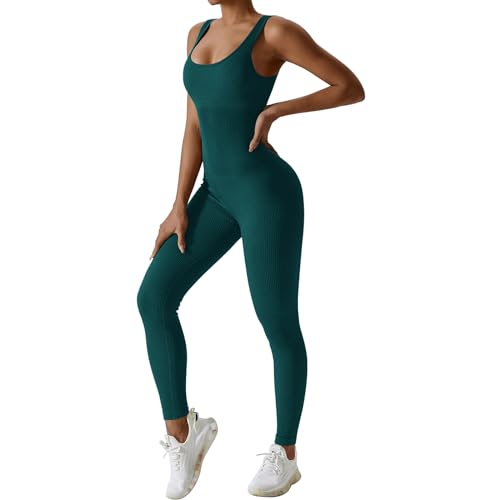 Mayround Damen Yoga Gerippter Einteiler Hoher Taille Leggings Ärmellos Stretch Tank Top Jumpsuits Sexy Bodycon Lang Eng Armellos Bodysuit Stretch Trainingsanzug von Mayround