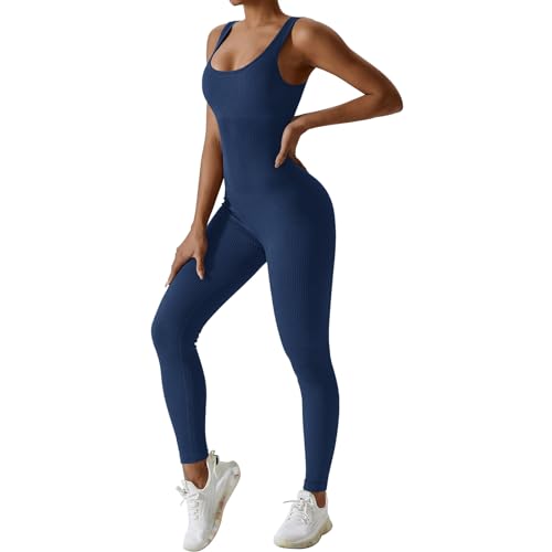 Mayround Damen Jumpsuit Eng Yoga Gerippter Workout Bodysuit Lang Ärmellos Stretch Tank Top Bodycon One piece Ganzkörperanzug von Mayround