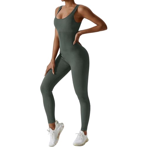 Mayround Damen Yoga Gerippter Einteiler Hoher Taille Leggings Ärmellos Stretch Tank Top Jumpsuits Sexy Bodycon Lang Eng Armellos Bodysuit Stretch Trainingsanzug von Mayround