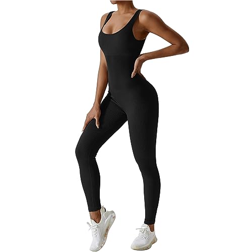 Mayround Damen Yoga Gerippter Einteiler Hoher Taille Leggings Ärmellos Stretch Tank Top Jumpsuits Sexy Bodycon Lang Eng Armellos Bodysuit Stretch Trainingsanzug von Mayround