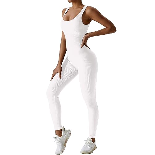 Mayround Damen Yoga Gerippter Einteiler Hoher Taille Leggings Ärmellos Stretch Tank Top Jumpsuits Sexy Bodycon Lang Eng Armellos Bodysuit Stretch Trainingsanzug von Mayround