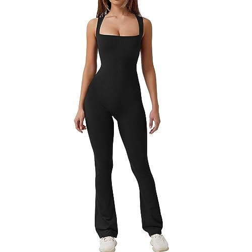 Mayround Flare Jumpsuits for Women Workout Ribbed Square Neck Sleeveless Casual Playsuit Wide Leg Flare leggings One Piece Jumpsuits von Mayround