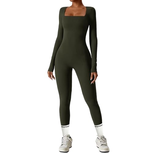 Mayround Frauen Unitard Jumpsuit Langärmeliger Bodysuit für das Training Länge Lässiger Playsuit Gerippte Shapewear Kleidung Kontrolle Bauches Sportbody Overall Strick Unitards von Mayround