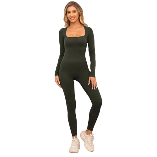 MAYROUND Frauen Unitard Jumpsuit Langärmeliger Bodysuit für das Training Länge Lässiger Playsuit Gerippte Shapewear Kleidung Kontrolle Bauches Sportbody Overall Strick Unitards von MAYROUND