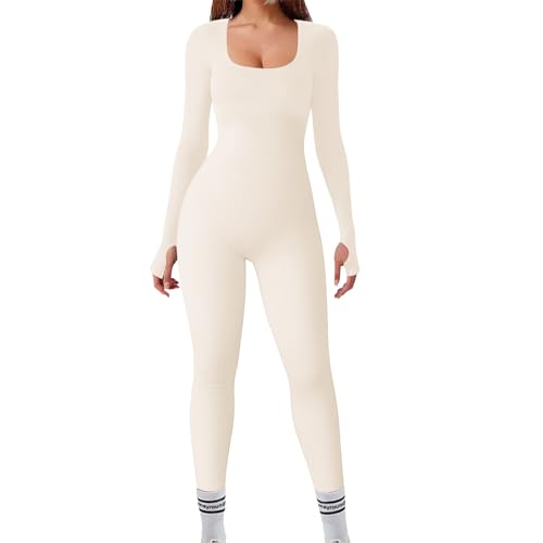 Mayround Jumpsuits für Damen Langarm Gerippte Yoga Bodysuit Overall Stretch Bodycon Strampler Sportanzug mit Daumenloch Eng Weich Lounge Eng Yoga Jumpsuit von Mayround