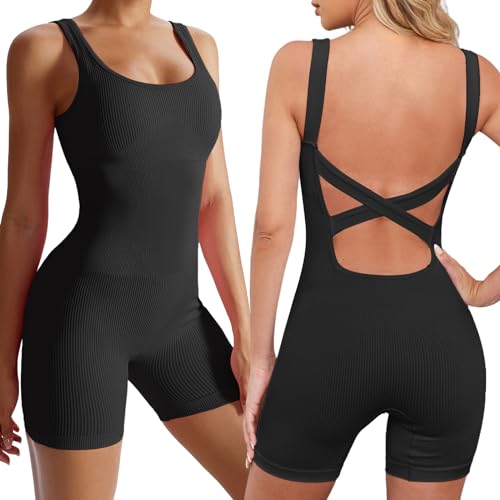 Mayround Jumpsuit Damen Sexy Ärmellos Rückenfrei Einteiler Kurz One Piece Nahtloser Stretch Romper Sommer Jumpsuits Strampler für Workout Casual Yoga Fitness von Mayround