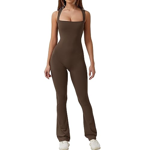 Mayround Jumpsuits mit Schlagseite für Frauen Workout Gerippter Viereckiger Halsausschnitt Ärmelloser Casual Playsuit Weite Leggings mit Schlagseite Einteilige Jumpsuits von Mayround