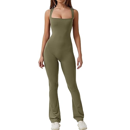 Mayround Jumpsuits mit Schlagseite für Frauen Workout Gerippter Viereckiger Halsausschnitt Ärmelloser Casual Playsuit Weite Leggings mit Schlagseite Einteilige Jumpsuits von Mayround