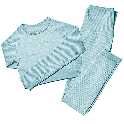 Mayround Nahtlose Frauen Yoga Sets 2 Stück Gerippt | Langarm Top und Hohe Taille Leggings Gym Kleidung Set | Damen Sportswear Set(Blau,M-L) von Mayround