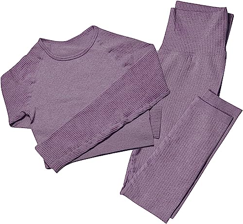 Mayround Nahtlose Frauen Yoga Sets 2 Stück Gerippt | Langarm Top und Hohe Taille Leggings Gym Kleidung Set | Damen Sportswear Set(Dunkelviolett,S-M) von Mayround