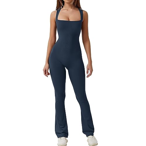 Mayround Schlaghosen Jumpsuits für Frauen Workout Gerippter Viereckiger Halsausschnitt Ärmelloser Casual Playsuit Weite Leggings mit Schlagseite Einteilige Jumpsuits von Mayround