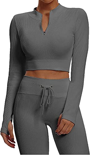 Mayround Sportswear Fitnessset für Damen 2 Teiliges Outfits Langarm Fitnessstudio Crop Top + Hohe Taille Yoga Stretch Leggings Yoga Outfit Freizeitanzug von Mayround