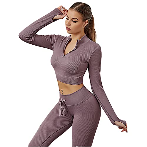 Mayround Sportswear Fitnessset für Damen 2 Teiliges Outfits Langarm Fitnessstudio Crop Top + Hohe Taille Yoga Stretch Leggings Yoga Outfit Freizeitanzug von Mayround