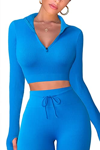 Mayround Sportswear Fitnessset für Damen 2 Teiliges Outfits Langarm Fitnessstudio Crop Top + Hohe Taille Yoga Stretch Leggings Yoga Outfit Freizeitanzug von Mayround