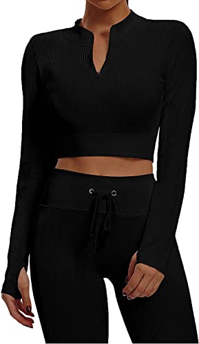 Mayround Sportswear Fitnessset für Damen 2 Teiliges Outfits Langarm Fitnessstudio Crop Top + Hohe Taille Yoga Stretch Leggings Yoga Outfit Freizeitanzug von Mayround