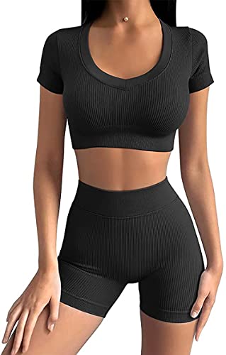 Mayround Trainingssets für Frauen 2-teilig Kurzarm Crop-Top mit Gymnastikshorts mit hoher Taille Nahtlose Yoga-Trainingsanzüge für Damen Übungsset von Mayround