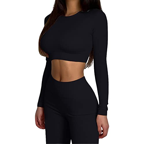 MAYROUND Workout Outfits für Frauen 2 Stück Gerippte Langarm Crop Top mit hoher Taille Yoga Leggings Sets von MAYROUND