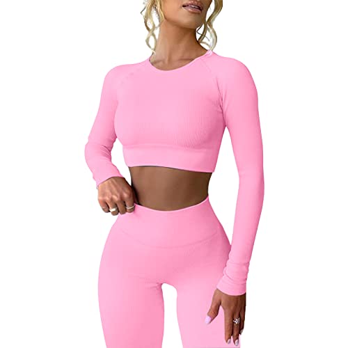 MAYROUND Workout Outfits für Frauen 2 Stück Gerippte Langarm Crop Top mit hoher Taille Yoga Leggings Sets von MAYROUND