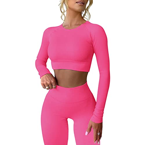 Mayround Workout Outfits für Frauen 2 Stück Gerippte Langarm Crop Top mit hoher Taille Yoga Leggings Sets von Mayround