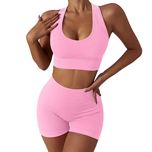 Mayround Workout Outfits für Frauen 2 Stück Gerippte Laufshorts mit Hoher Taille Workout Sport BH Set für Frauen Fitnessstudio Fitness Athletisch von Mayround