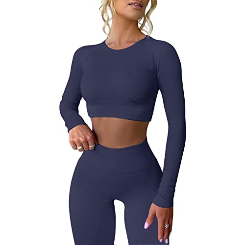 Mayround Workout Outfits für Frauen Gerippte Langarm Crop Top mit hoher Taille Yoga Leggings Sets(Blau,L) von Mayround