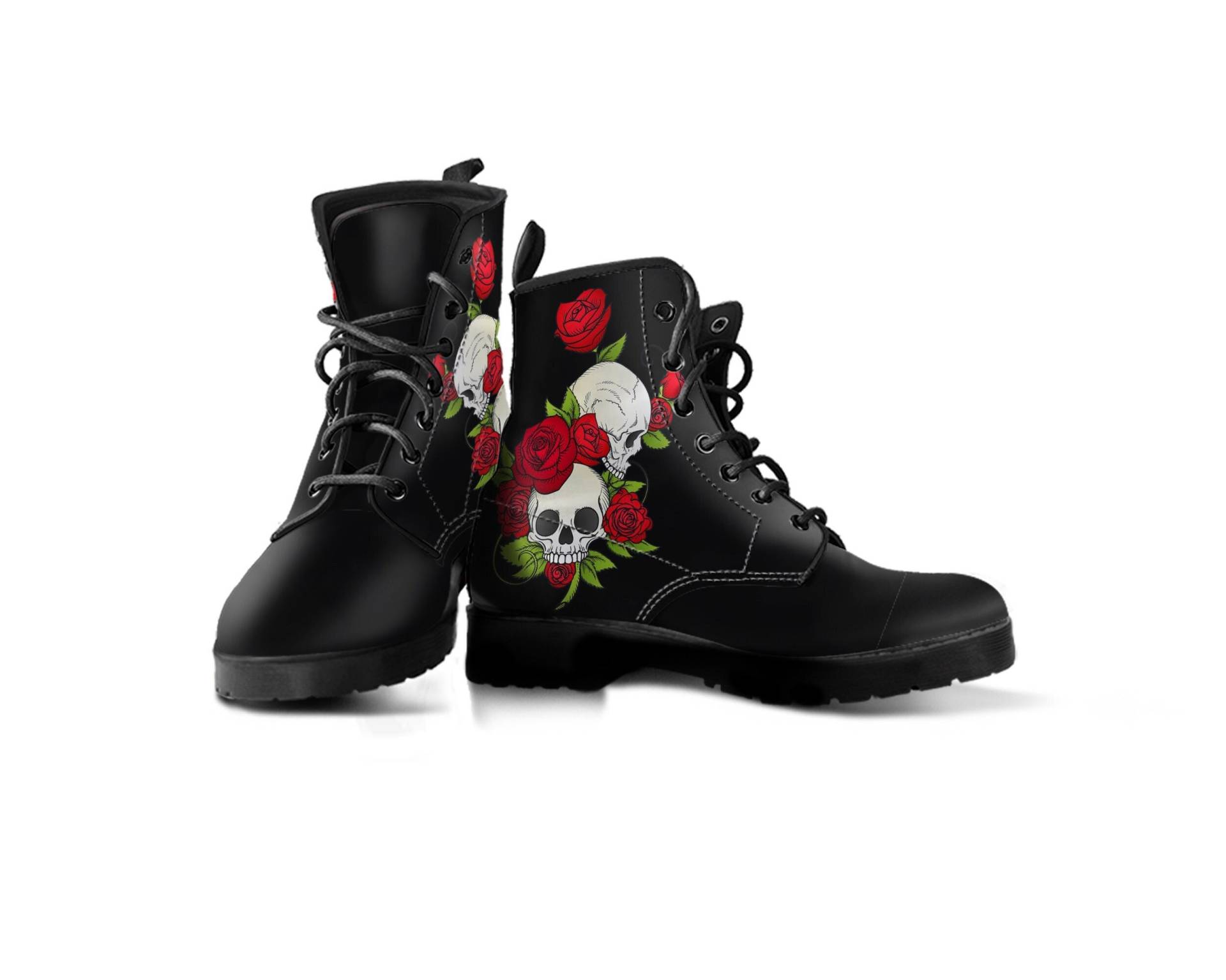 Schwarze Schädel Und Rote Rosen Damen Lederstiefel, Goth Gothic Rock Stiefel, Handgefertigte Vegan Freundliche Lederstiefel Für Mädchen von MaysDesignCo