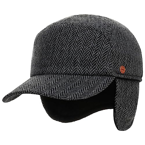 Mayser Herringbone Cap mit Ohrenklappen Basecap Baseballcap Wollcap Wintercap Ohrenschutz Herren - Made in The EU Schirm, Futter Herbst-Winter - 55 cm grau-schwarz von Mayser