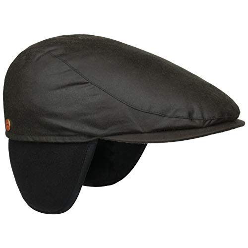 Mayser Matteo Plus Waxed Cotton Flatcap Schirmmütze Schiebermütze Baumwollcap Ohrenklappen Herren - Made in The EU mit Schirm, Futter, Lederband, Lederband Herbst-Winter - 58 cm schwarz von Mayser