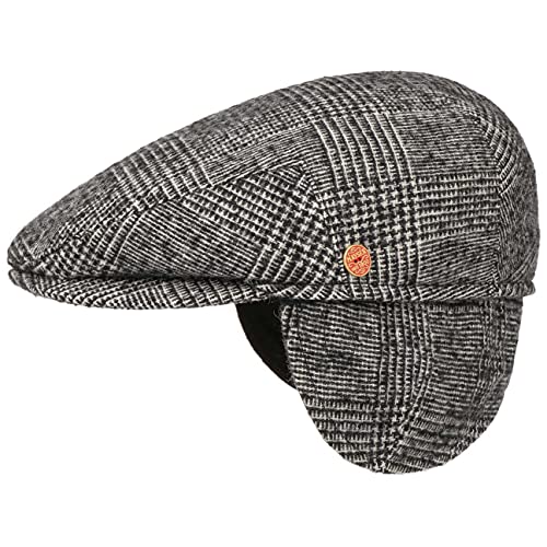 Mayser Merlino Flatcap mit Ohrenklappen Schirmmütze Schiebermütze Ohrenschutz Herren - Made in The EU Schirm, Futter, Lederband, Lederband Herbst-Winter - 60 cm schwarz-weiß von Mayser