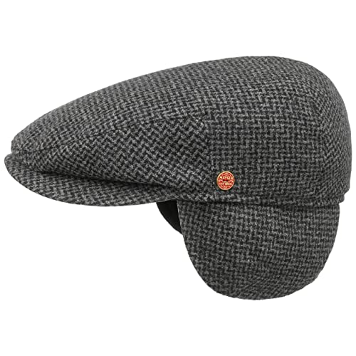 Mayser Merlino Zigzag Flatcap mit Ohrenklappen Schirmmütze Schiebermütze Wollcap Ohrenschutz Herren - Made in The EU Schirm, Futter, Lederband Herbst-Winter - 57 cm schwarz von Mayser