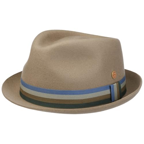 Mayser Samu Striped Band Player Wollhut Porkpie Pork-Pie-Hut Wollfilzhut Filzhut Herren - Made in The EU mit Ripsband Frühling-Sommer Herbst-Winter Frühjahr Sommer Herbst Winter - M (56-57 cm) beige von Mayser