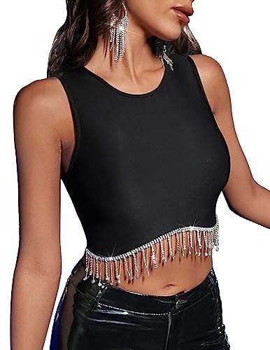 Maysoar Damen-Oberteil mit glitzernden Strass-Fransen, ärmellos, bauchfreies Oberteil mit Glitzer-Quaste, Schwarz, XX-Large von Maysoar