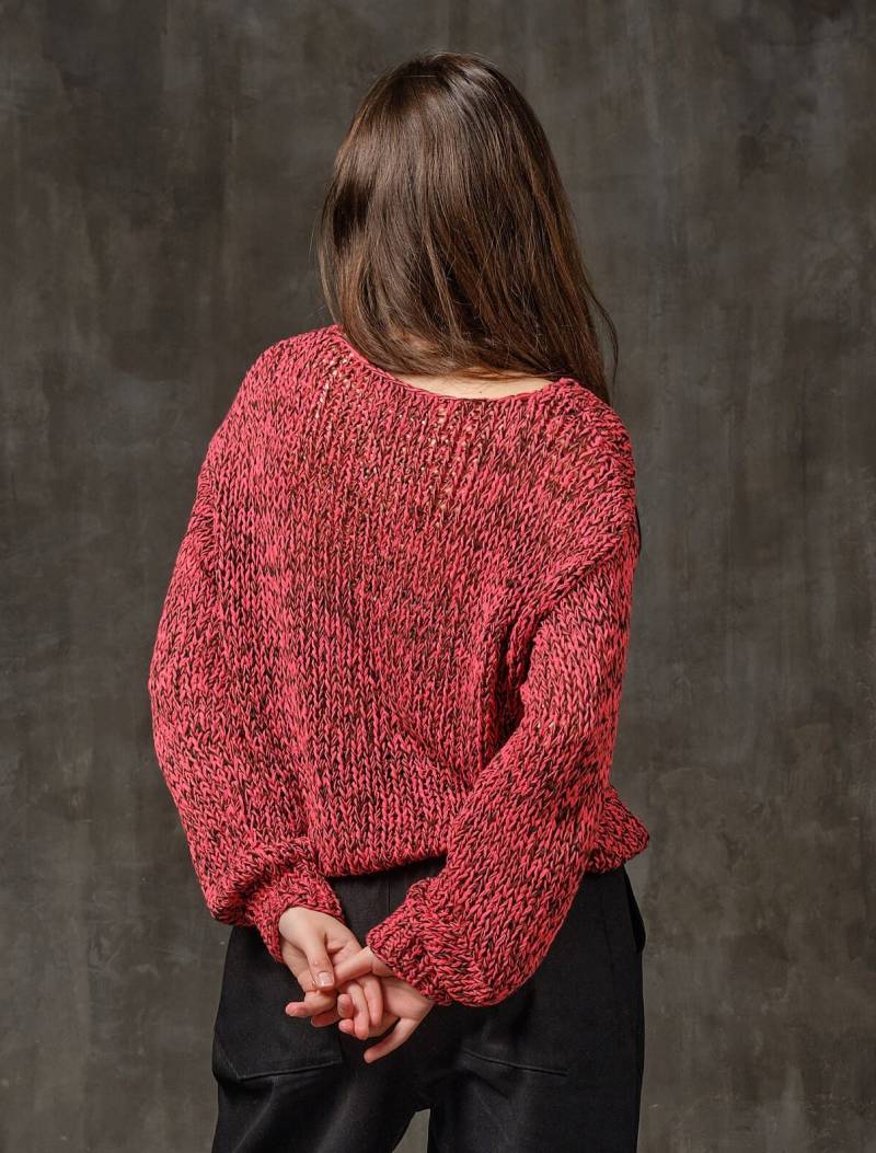 Boho Rot Natur Pullover Fester Baumwoll-Leinen Strick, Lockerer Weicher Strick von Maystra
