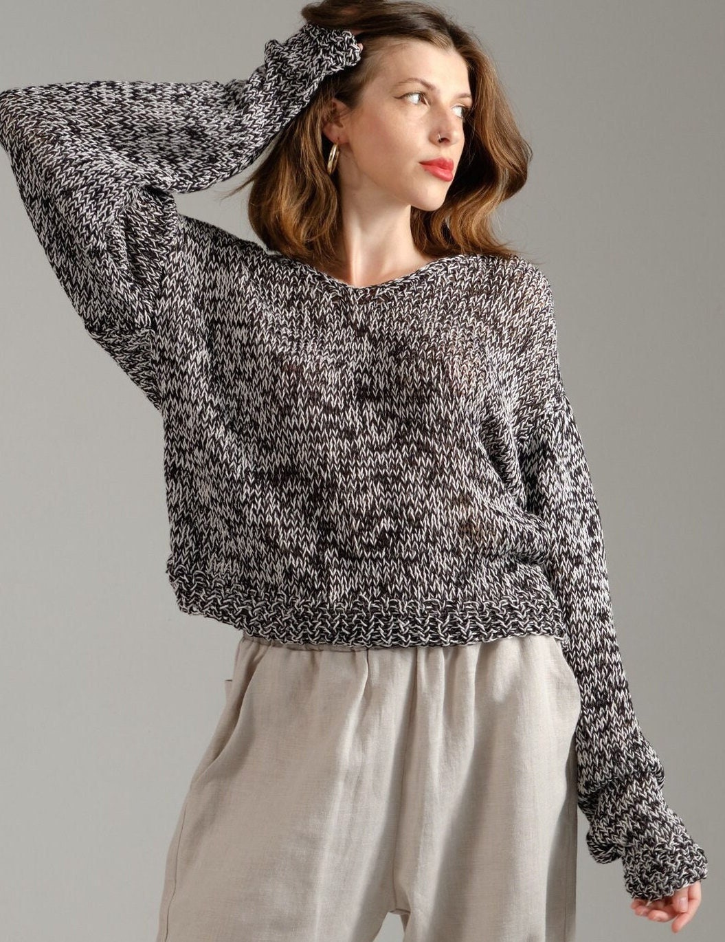 Sommer Baumwolle Damen Pullover-Monochrom Boho Pullover-Lose Crop Pullover-Grunge Rot Locker Strick Top-Leichte Strickwaren von Maystra