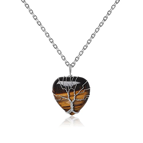 Mayting Tigerauge Anhänger Halskette Herz Anhänger Edelstein Energie Baum des Lebens Drahtgewickelter Stein Einfach Klassisch Männer Frauen Halsketten von Mayting