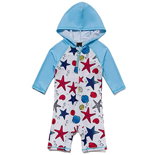 Mazuliso Junge Baby Badeanzug Mit Kapuze Druckknopf unten Lange Ärmel UPF50+ mit Reißverschluss(BUSeestern,80-86 cm) von Mazuliso