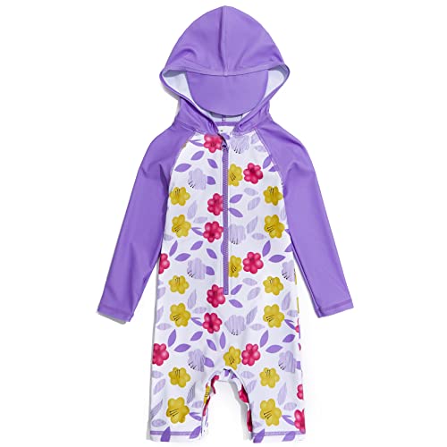 Mazuliso Mädchen Baby Badeanzug Mit Kapuze Lange Ärmel UPF50+ mit Reißverschluss(VioBlumen,86-92 cm) von Mazuliso