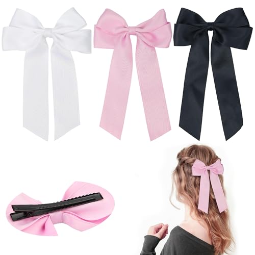 Mbsomnus 3 Stück Schleife Haare Haarschleife Damen Schleifen Haarklammer Großer Haarschleifen mit Abteilklammern Haarspange Schleife Hair Bow Metallklammern für Geschenk - Schwarz Weiß Rosa von Mbsomnus