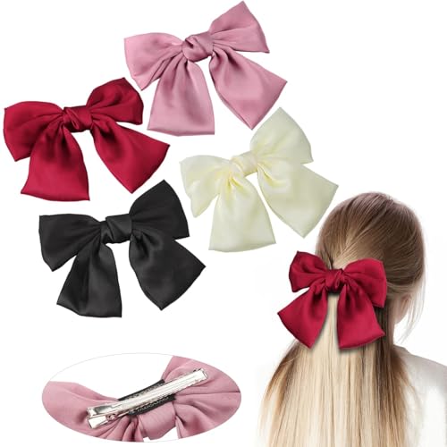 Mbsomnus 4 Stück Schleife Haare Haarschleife Damen Schleifen Haarklammer Großer Haarschleifen mit Abteilklammern Haarspange Schleife Hair Bow Metallklammern für Geschenk - Schwarz Rot Weiß Rosa von Mbsomnus